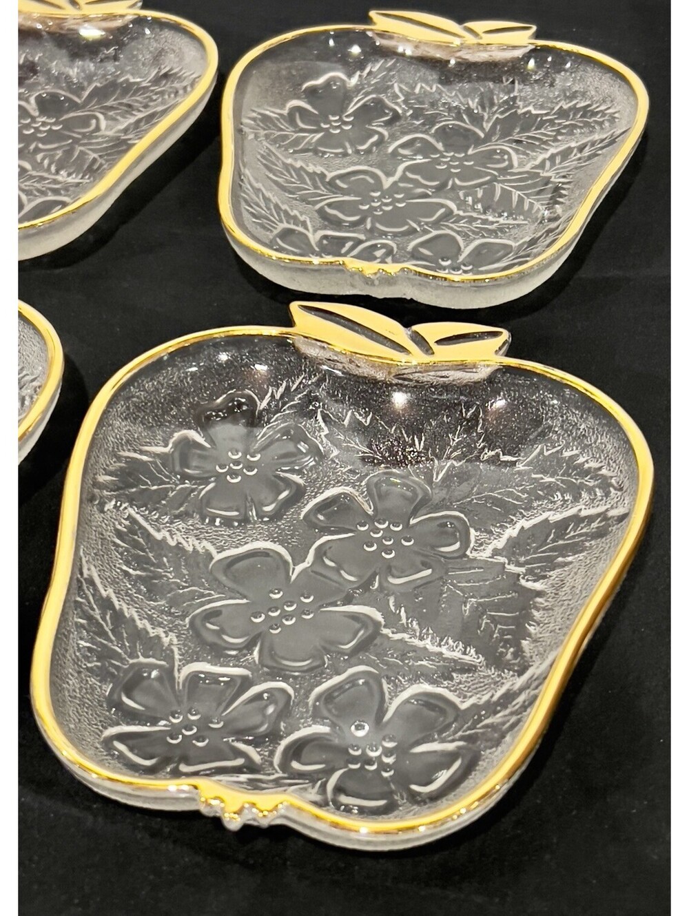4 Vintage Hazel-Atlas Mid-Century Modern Clear Glass Apple Plate 22K Gold Trim